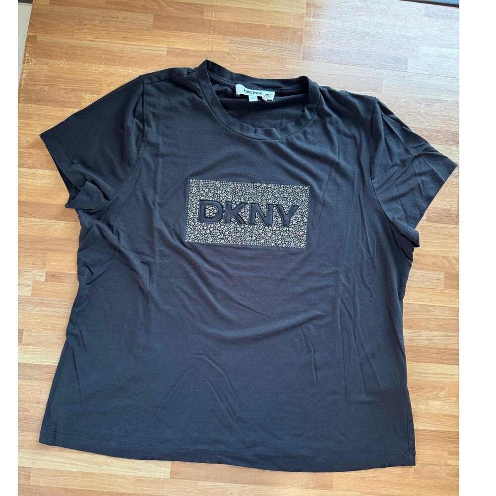 DKNY Women's Black Box Rhinestone Studded Logo T-Shirt – Size XL